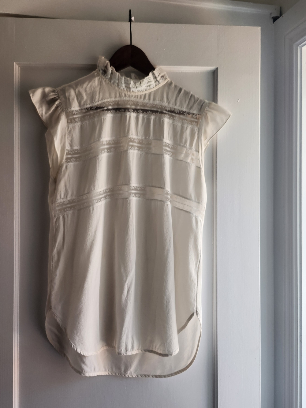 Sandro Cream Lace-Trim Ruffled Neck Blouse